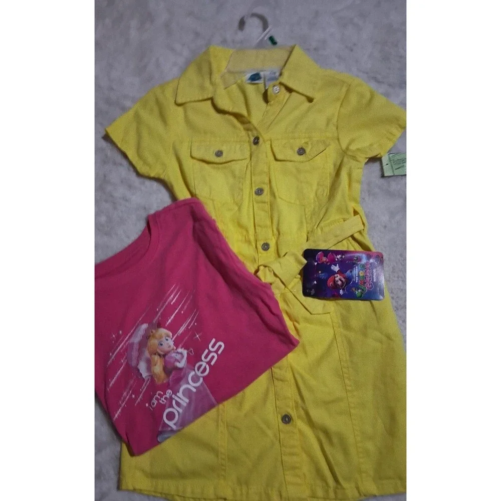 Girls Yellow Button Down Dress & Pink Princess T-Shirt Set